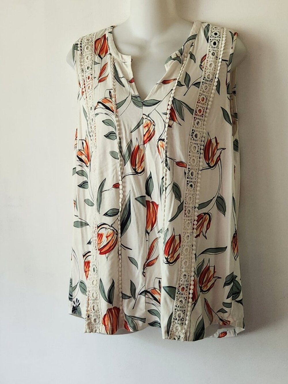 Daniel Rainn blouse sz L orange green ecru floral lace GUC